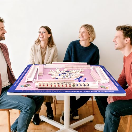 32x32 Non-Slip Noise Reduction Mahjong Mat with Rules for Learning | Pink & Blue Portable Rubber Mahjong Table Cover with Bag for Poker Board Games Cards Tiles & Dominoes - color: Pink & Blue