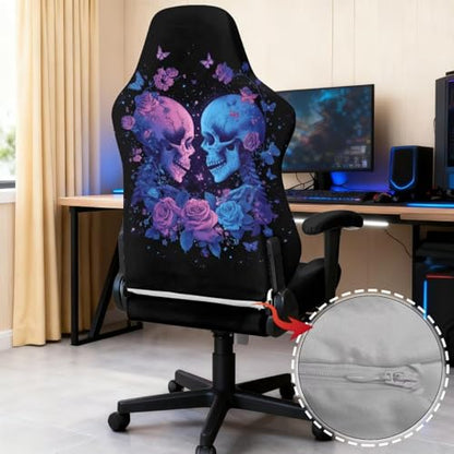Skeleton Print Computer & Gaming Chair Slipcover Rose Butterfly Print Game Chair Cover with Armrest Covers Easy to Install Universal Fit Office Desk & Racing Computer Gamer Chairs - color: Black - Skeleton Rose Butterfly