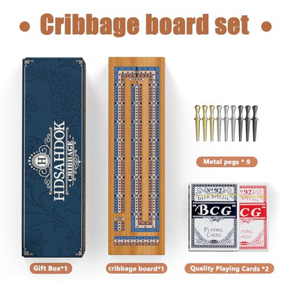Wooden Cribbage Board Game Set – Continuous 3-Track Cribbage Board with Magnetic Lock & Large Storage, 9 Metal Pegs and 2 Decks of Cards – Portable Strategy Game for Travel & Game Nights - style: Classic