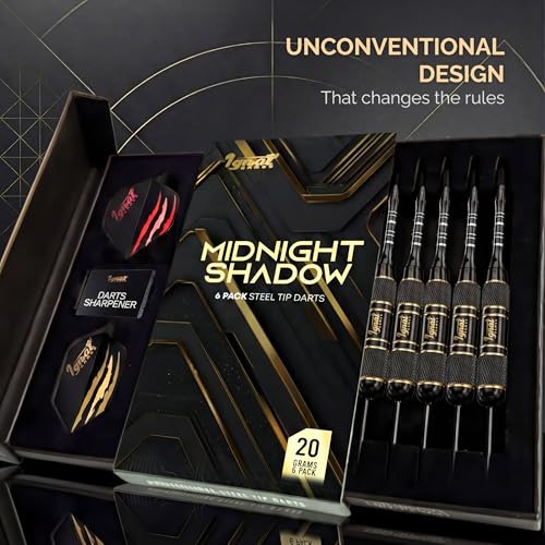 Steel Tip Darts, 6 Pack Knurled Brass Barrels with EVA Case, Darkborn | 16 GlideXPro 130 micron flights, aluminum shafts w/ O-rings, sharpener, dart tool, ebook, 10-yr warranty - color: Crimson - Midnight Shadow
