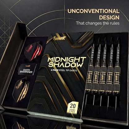 Steel Tip Darts, 6 Pack Knurled Brass Barrels with EVA Case, Darkborn | 16 GlideXPro 130 micron flights, aluminum shafts w/ O-rings, sharpener, dart tool, ebook, 10-yr warranty - color: Crimson - Midnight Shadow