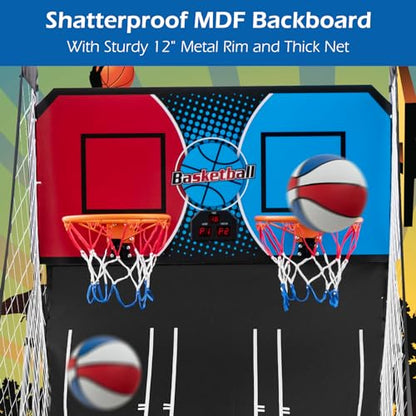 GYMAX Arcade Basketball Game Indoor Foldable with 8 Game Modes, Arcade Sound, 4 Balls and Inflation Pump, Electronic Basketball Games for Home - color: Red+blue