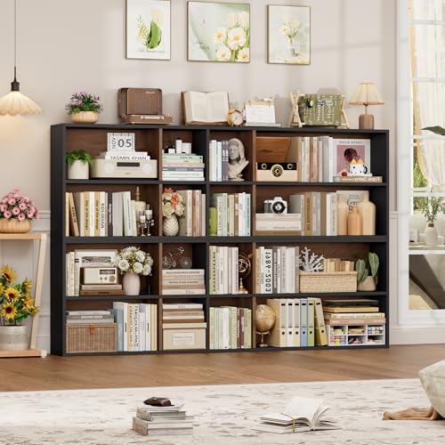 FOTOSOK 71'' Tall Bookshelf with 14 Cubes, 7 Tier Double Wide Wood Bookshelf with 6 Adjustable Shelves, 19.6" Narrow Bookcase DVD/CD Media Storage, Space Saving Display Shelf Cabinet, Black/Brown - color: Black/Brown