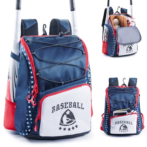 Baseball Bag for Youth & Adult with 4 Bat Sleeves - Softball Bat Bag with Shoe Compartment - Baseball Backpack for T-Ball, Softball Equipment, Baseball Gear, Baseball Bags for Boys 8-12 - color: Navy, size: Small