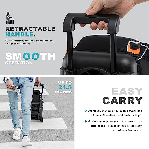 GoHimal Double Roller Bowling Bag, Shoe Compartment, Upgraded Fabric | Fits US men's size 15 shoes,multi pockets,retractable handle extends to 40",smooth-rolling wheels,lightweight design - color: Black-Orange
