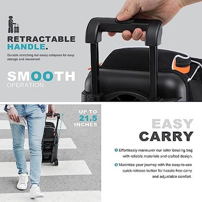 GoHimal Double Roller Bowling Bag, Shoe Compartment, Upgraded Fabric | Fits US men's size 15 shoes,multi pockets,retractable handle extends to 40",smooth-rolling wheels,lightweight design - color: Black-Orange