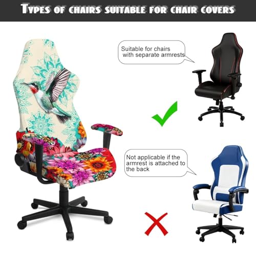 Hummingbird Print Gaming Chair Seat Covers Boho Mandala Flower Print Game Chair Cover with Armrest Covers Skin Friendly Soft Elastic - color: Multi - Hummingbird Boho Mandala Flower