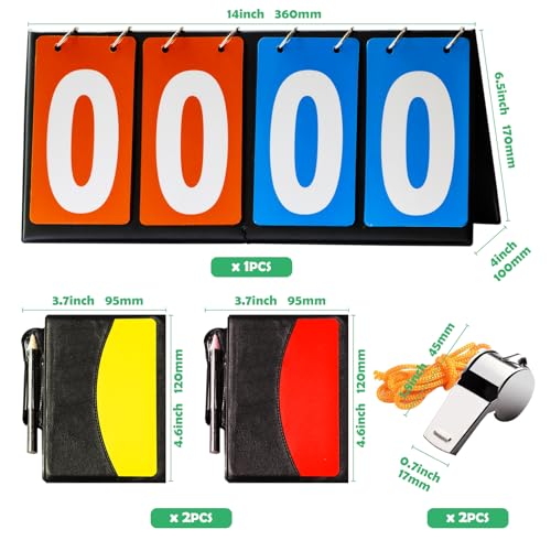 10Pcs Soccer Referee Kit Contain 4-Digital Portable Table Top Scoreboard Flipper, Stainless Steel Sports Whistles, Red Yellow Cards with Notebook for Football Soccer