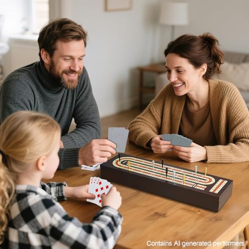 BIVOMON Cribbage Board Game Set Continuous 3 Track Wooden Board with Magnetic Lock, 9 Metal Pegs, 2 Playing Cards, Large Storage Area, Travel Portable Travel Cribbage Boards for Adult Child
