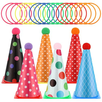Seenelling 24 Pcs Plastic Ring Toss Game, Birthday Party Game 6 Birthday Hat Cones and 18 Colorful Rings Outdoor Sport Toss Toys Backyard Lawn Cone and Ring for Family Party Activities
