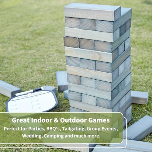 ApudArmis Giant Tumble Tower Stack to Over 5Ft, 60 PCS Pine Wooden Stacking Timber Game with 1 Dice Set - Classic Block Giant Outdoor Game (7.48 * 2.48 * 1.5 in Each Block, Gray) - color: Gray