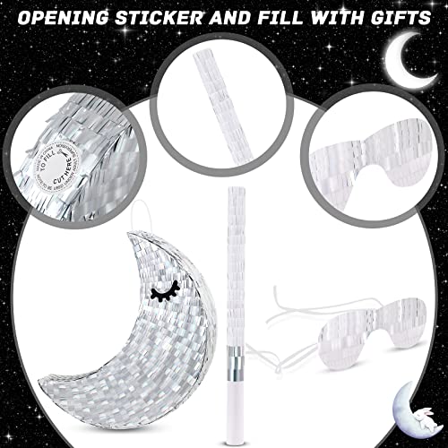Deekin Silver Moon Piñata Hanging Gender Reveal Piñata Half Moon Decorations with Blindfold and Stick for Birthday Party Supplies, 15.7 x 6.5 x 3 Inches - style: Silver Moon