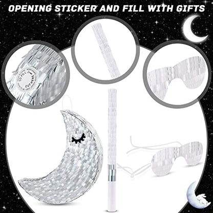 Deekin Silver Moon Piñata Hanging Gender Reveal Piñata Half Moon Decorations with Blindfold and Stick for Birthday Party Supplies, 15.7 x 6.5 x 3 Inches - style: Silver Moon