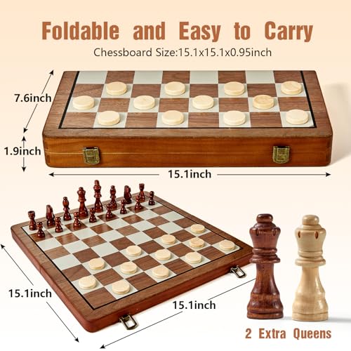 MerryPony 2 in 1 Magnetic Wooden Chess and Checkers Set, 15" Foldable Chess set for Adults & Kids, Chess Board with 2 Extra Queens, Travel Chess Set with Pieces Storage Slots, Ideal Chess for Beginner