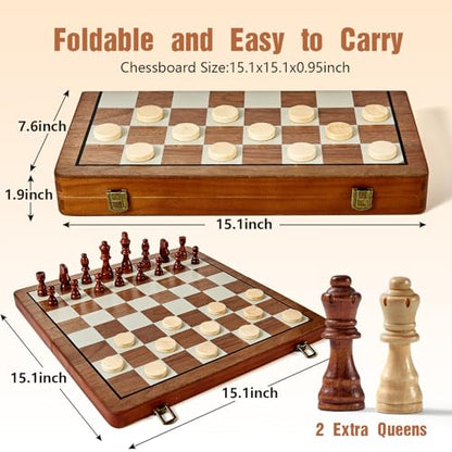 MerryPony 2 in 1 Magnetic Wooden Chess and Checkers Set, 15" Foldable Chess set for Adults & Kids, Chess Board with 2 Extra Queens, Travel Chess Set with Pieces Storage Slots, Ideal Chess for Beginner