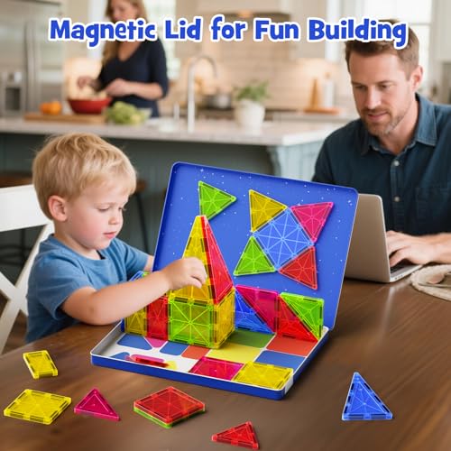 Jumbo Magnetic Tiles with Secure Metal Case, 32 Pcs Large Magnetic Building Blocks for Kids 3-8, STEM Toys for Toddlers, Preschool Learning Montessori Toys, Age 3+ Boy Girl Gift - size: Large