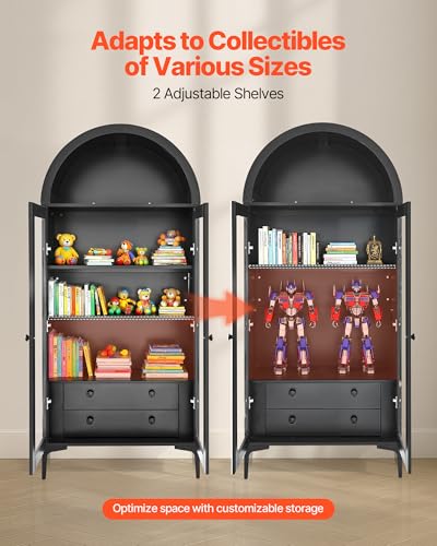 VEVOR Arched Kitchen Pantry Cabinet with Glass Doors, 70in Tall Curio Cabinet, 4-Tier Display Case with 2 Adjustable Shelves, Bookcase Bookshelf for Collectibles Storage Living Room Office - size: 70in