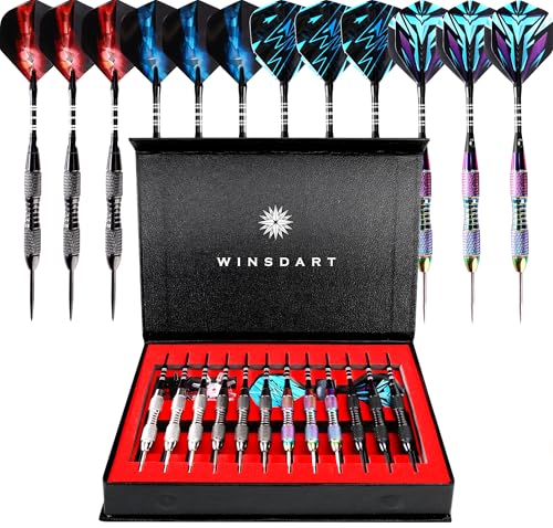 WINSDART Steel Tip Darts 12 Pack Set with Nonslip Iron Barrel Aluminum Dart Shafts and Flights Darts Sharpener an Gift Box - color: Multicolor 3-Darts-I