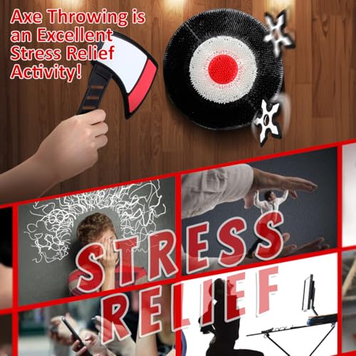 Kiddie Play Axe Throwing Game Set with Target 3 Axes and 3 Throwing Stars Indoor & Outdoor Play for Kids and Adults, Black