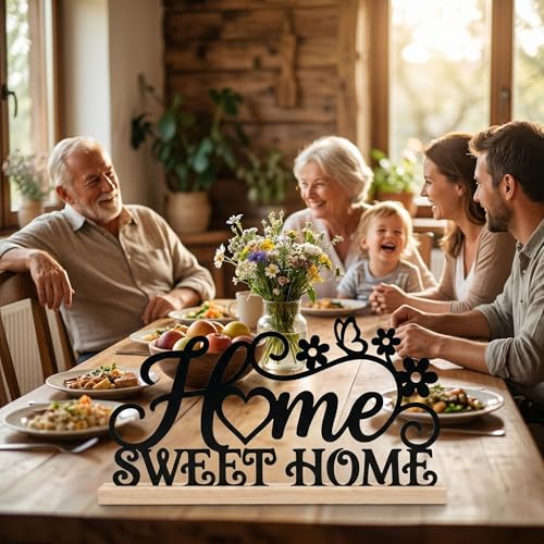 Home Sweet Home Sign Table Decor Black Sweet Home Metal Table Sign with Wooden Base Farmhouse Tabletop Centerpiece Black Tiered Tray Decor for Home Mantel Shelf Desk Housewarming Gift - style: Home Sweet Home