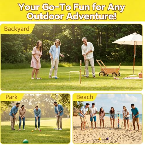 6 Player Croquet Set for Adults with Wooden Stand - 28 Inch Professional Outdoor Lawn Game Includes 6 Rubberwood Mallets & Balls, Steel Wickets - Backyard, Garden, Park Games