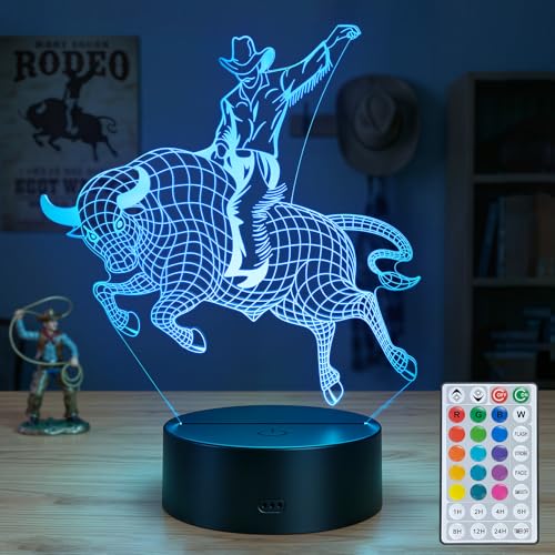 Bull Riding Night Lights, Bull Riding Gifts, Rodeo Decor | 16 Colors Dimmable Timer 3D Illusion Lamp, Rodeo Rider Matador Cowboy Room Decoration for Boys Men Birthday Christmas - color: Rodeo