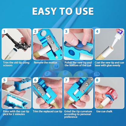 11-in-1 Billiards Pool Cue Tip Shaper, Pool Cue Tips Replacement Kit, Pool Cue Tips,Pool Cue Tip Tool for Replacement and Shaping Cue Tips - color: Blue