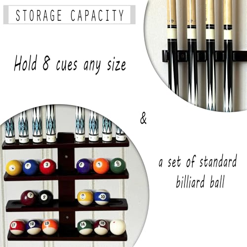 Wall-Mounted Pool Stick Holder, All Handicraft Hardwood Rack for 8-Cue Storage, Billiard Accesories Organizer (MAHOGANY)