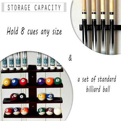 Wall-Mounted Pool Stick Holder, All Handicraft Hardwood Rack for 8-Cue Storage, Billiard Accesories Organizer (MAHOGANY)