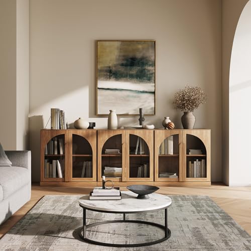 BELLEZE 2 Tier Bookshelf with Arched Glass Door, Set of 3 Modern Display Bookcase Shelf with Storage and Adjustable Shelves, 94" Wood Bookshelves for Living Room Office Entryway (Camel) - color: Bijou Camel a, size: 3