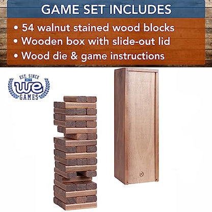WE Games Wooden Block Stacking Party Game for Adults, Tumble Tower Wedding Guest Book Alternative, Tabletop Games, Includes Storage Case, 12 inches - color: Walnut Stained Wood