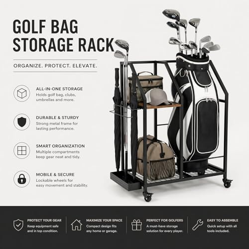 Golf Storage Organizer for Garage,Golf Bag Storage Rack | Smooth Rolling Wheels, Multi Storage Zones, Holds Golf Bags & Clubs, Heavy-Duty Frame, Space-Saving Garage Organizer