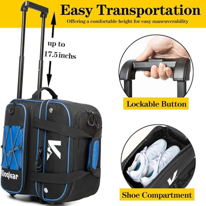 Double Roller 2 Ball Bowling Bag with Large Separate Shoe Compartment and Oversized Accessory Pocket, 36" Extendable Handle. - color: BLUE