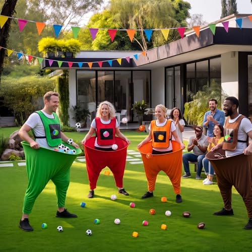 Leitee 4 Pcs Granny Pants Yard Games Set for Adult, 4 Oversized Pants 4 Vests, 20 PU + 20 Fuzzy Balls, Outdoor Snowball Fight Game, Toss Catching Game for Team Building Backyard Party Lawn Fun (Large)