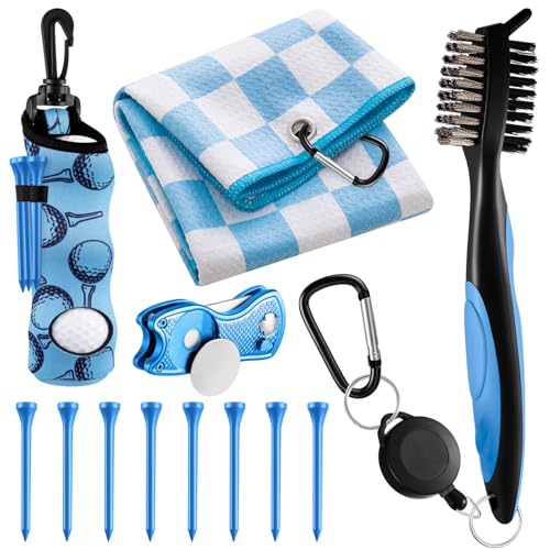 Liliful 12 Pcs Golf Accessories Kit, Include Golf Ball Bag with Hook Towel Tees Magnetic Ball Marker Divot Tool Cleaner Brush for Women Man Gifts - color: Light Blue, style: Checkered