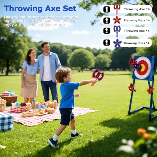 ZoLLa Axe Throwing Game for Backyard Fun,Safe Bristle Target with 4 Throwing Axes & 4 Throwing Stars,Yard & Outdoor Games for Kids and Family (Blue) - color: Blue