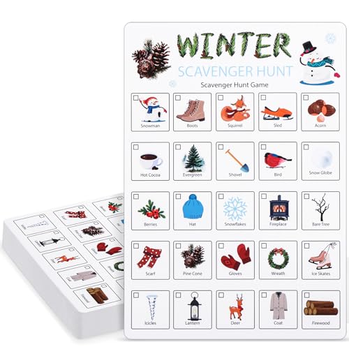 Hoolerry 30 Pcs Scavenger Hunt for Kids Road Trip Game Car Spring Summer Wedding Scavenger Hunt Cards Travel Activities Camping Games Outdoor Indoor Seek Activity for Kids Adults (Winter) - style: Winter