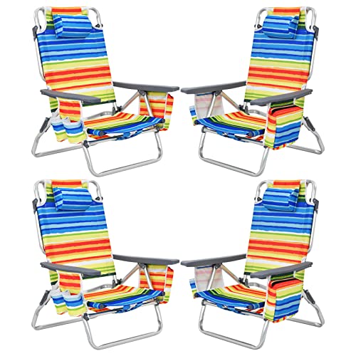 Tangkula Set of 4 Backpack Beach Chair, 5-Position Lay Flat Beach Chairs with Cooler Bag, 2 Cup Holders, Towel Bar, Lightweight Low Folding Beach Chair with Backpack Straps, Yellow - color: Yellow, style: 4 Pack
