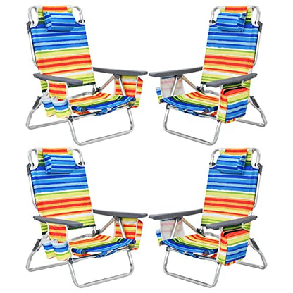 Tangkula Set of 4 Backpack Beach Chair, 5-Position Lay Flat Beach Chairs with Cooler Bag, 2 Cup Holders, Towel Bar, Lightweight Low Folding Beach Chair with Backpack Straps, Yellow - color: Yellow, style: 4 Pack