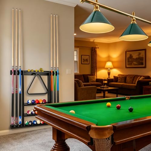 Black Pool Stick Holder, Wall Mount Pool Cue Rack ,Solid Wood Floor Stand for billiard cue sticks,Holds 6 Pool Cues & a Full Set of Balls,Professional Pool Table Accessories for Billiard Room or Club