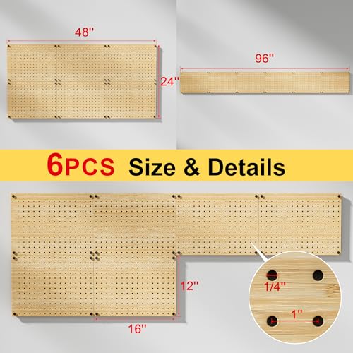 VOIMO Bamboo Pegboard Organizer Set, 6 Panels (16"x12") with 48 Hooks – Eco-Friendly Wall Mounted Storage Rack for Tools, Crafts & Office – Natural Bamboo Pegboard System with Accessories - size: 16'' X 12'' (6 Panels)