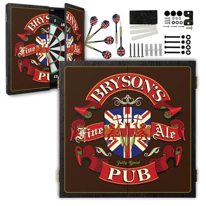 Personalized Dart Board Cabinet Set with 6 Steel Tip Darts, Paper Dartboard, Chalk & Eraser (21.5 x 21.5 x 2.75) - Man Cave Dart Boards for Adults - style: English Pub