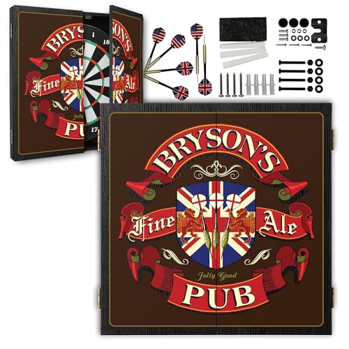 Personalized Dart Board Cabinet Set with 6 Steel Tip Darts, Paper Dartboard, Chalk & Eraser (21.5 x 21.5 x 2.75) - Man Cave Dart Boards for Adults - style: English Pub