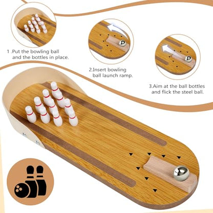 Table Top Mini Bowling Game Set, Tabletop Wooden Tiny Bowling Set for Home Office Desk Stress Relief Gadgets, White Elephant Gifts Prank Gag Gifts for Men Women Teens Kids