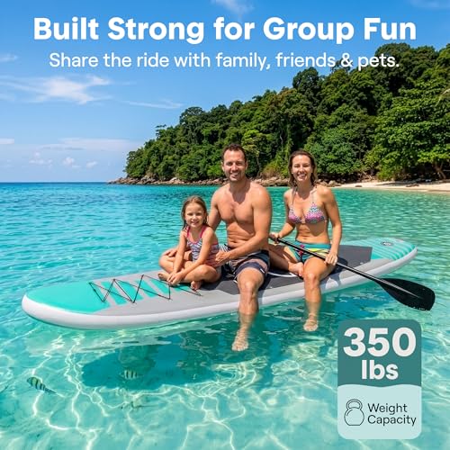 SereneLife 10’6" Inflatable Stand Up Paddle Board with Premium SUP Accessories - Wide Stable Design with Non-Slip EVA Deck Pad, for Youth and Adults, 350 lbs. Capacity - color: Turquoise