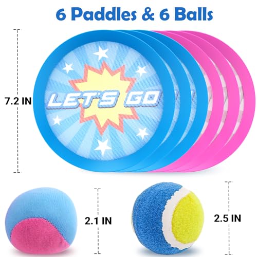 Toss and Catch Ball Set with 6 Paddles 6 Balls, Outdoor Toys for Kids Beach Toy Pool Sports Toys for Kids Age 3+, Summer Toys Birthday Gifts for 3 4 5 6 7 8 9 10 Year Old Boys Girls