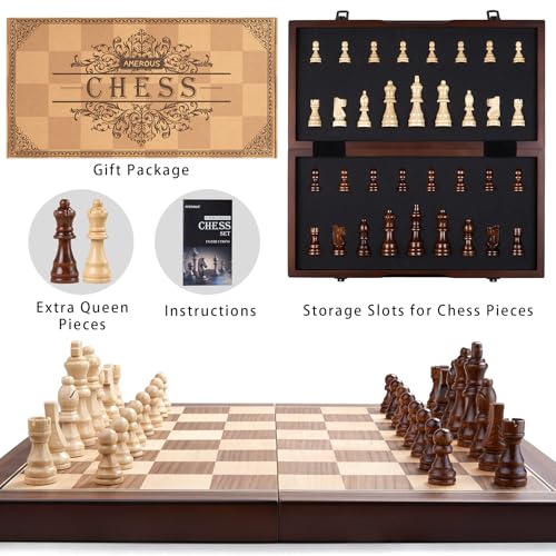AMEROUS 15'' Magnetic Wooden Chess Set for Adults Kids - with Folding Board, Gift Package, Pieces Storage Slots, Handmade Pieces,Chess Board Game Set for Tournament Professional Beginner - size: 15 inches