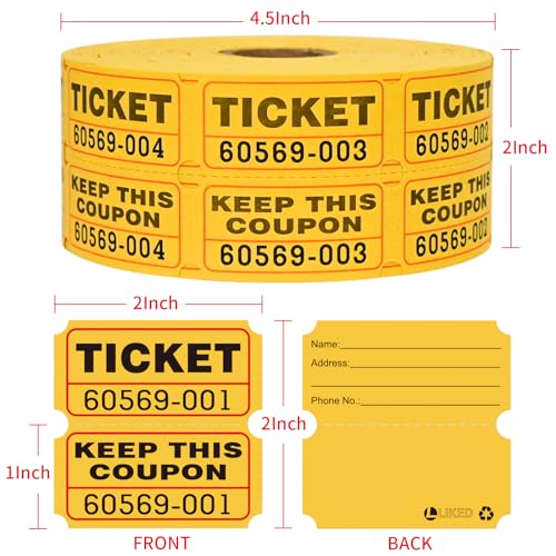 L LIKED Raffle Tickets Double Rolls 1000 Per Roll 50/50 Raffle Tickets for Events,Carnivals, Entry, Class Reward, Prizes(Yellow) - color: 1000 Yellow
