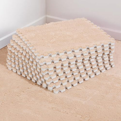 12 pcs Thickened Plush Foam Interlocking Floor Mat, Interlocking Foam Tiles with Edgings for Kids, Soft Anti-Slip Puzzle Area Square Rug Playmat for Children Room Bedroom(11.8", Light Brown) - color: Light Brown
