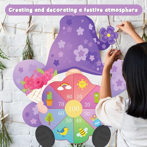 Yquqwn Large Spring Dart Board Game Flower Gnome Target with 12 Sticky Balls for Kids Spring Party Easter Games Indoor Outdoor Activities